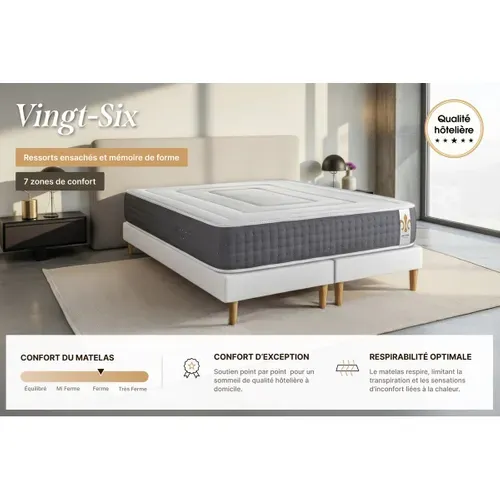 Ensemble Matelas Ressorts Ensachés Et Mémoire De Forme 200x200 Vingt-six Ep:26cm - Sommier Gris