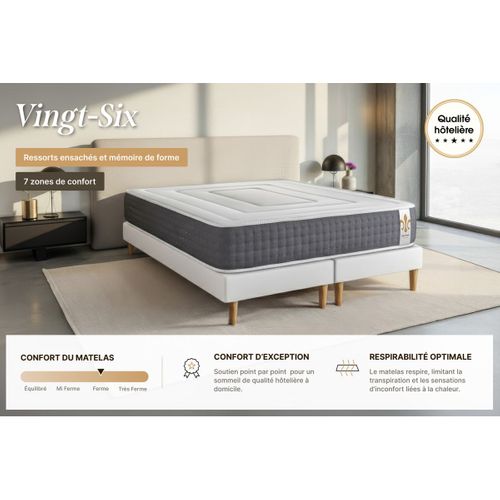 Matelas Ressorts Ensachés Et Mémoire De Forme 200x200 Vingt-six - Ep: 26cm - Confort Ferme
