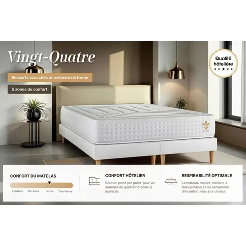 Ensemble Matelas Ressorts Ensachés Et Mémoire De Forme 200x200 Vingt-quatre Ep:24cm - Sommier Gris