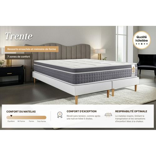 Ensemble Trente 180 X 200 Cm Sommier Kit Blanc - Ressorts Ensachés Et Mémoire De Forme