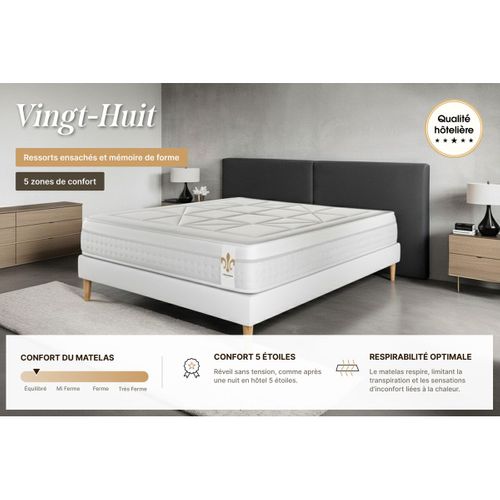 Ensemble Vingt-huit 180 X 200 Cm Sommier Kit Blanc - Ressorts Ensachés Et Mémoire De Forme