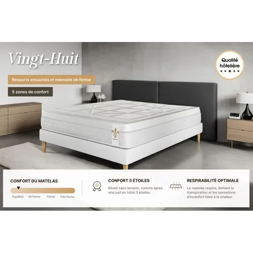 Ensemble Matelas Ressorts Ensachés Et Mémoire De Forme 200x200 Vingt-huit Ep:28 Cm - Sommier Kit Bla
