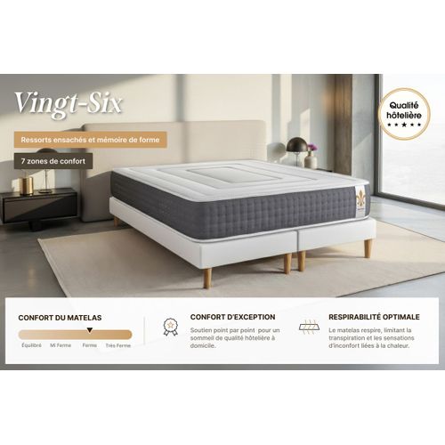 Ensemble Matelas Ressorts Ensachés Et Mémoire De Forme 140x190 Vingt-six Ep:26 Cm - Sommier Kit Gris
