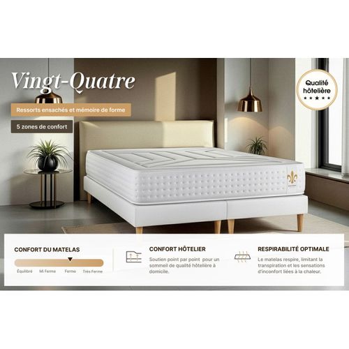 Ensemble Vingt-quatre 200 X 200 Cm Sommier Kit Gris - Ressorts Ensachés Et Mémoire De Forme