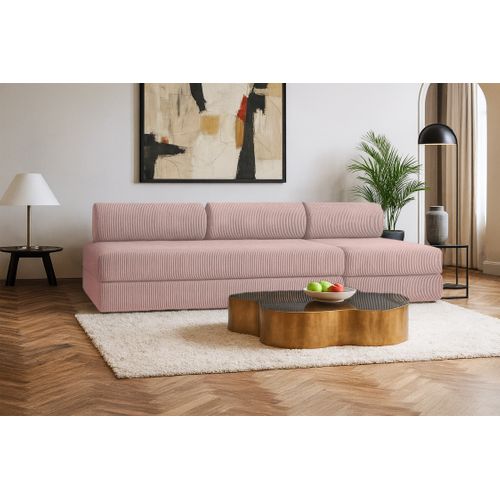 Canapé Droit Convertible 4 Places - Velours Côtelé - Rose Pâle
