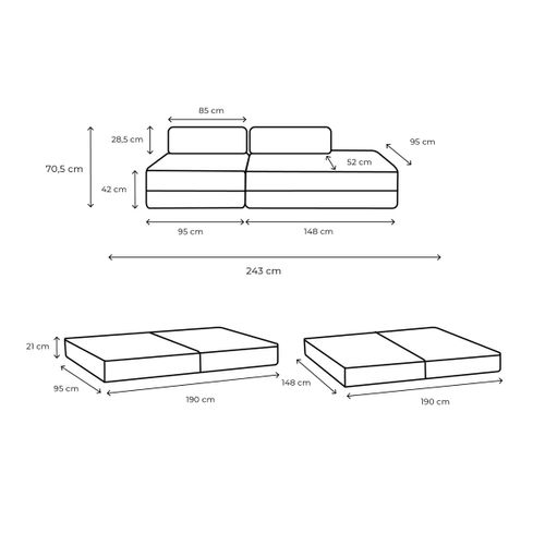 Canapé Droit Convertible 3 Places - Velours Côtelé - Rose Pâle