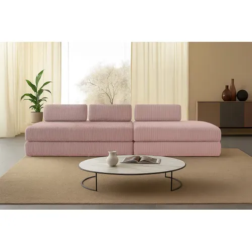 Canapé Droit Convertible 5 Places - Velours Côtelé - Rose Pâle