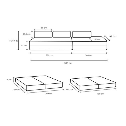 Canapé Droit Convertible 5 Places - Velours Côtelé - Rose Pâle