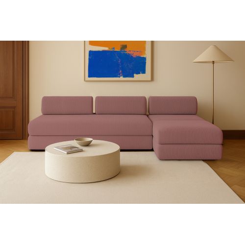 Canapé D'angle Convertible 6 Places - Velours Côtelé - Rose