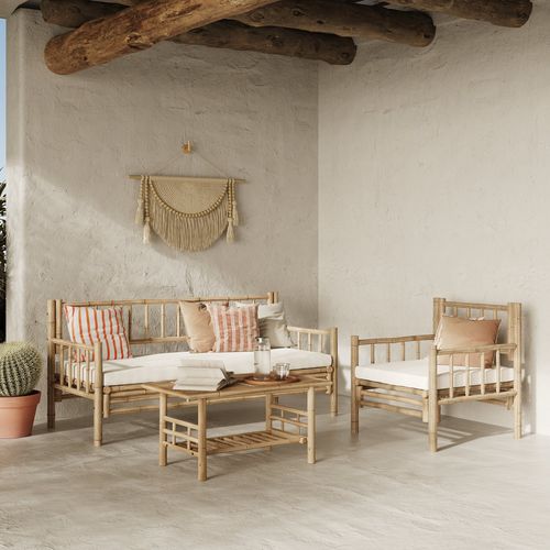 Salon De Jardin Blanc En Bambou Avec Canapé, Fauteuil Et Table Basse - Vadella
