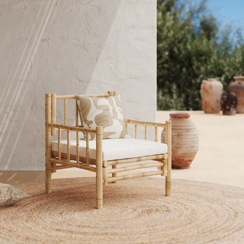 Salon De Jardin Blanc En Bambou Avec Canapé, Fauteuil Et Table Basse - Vadella