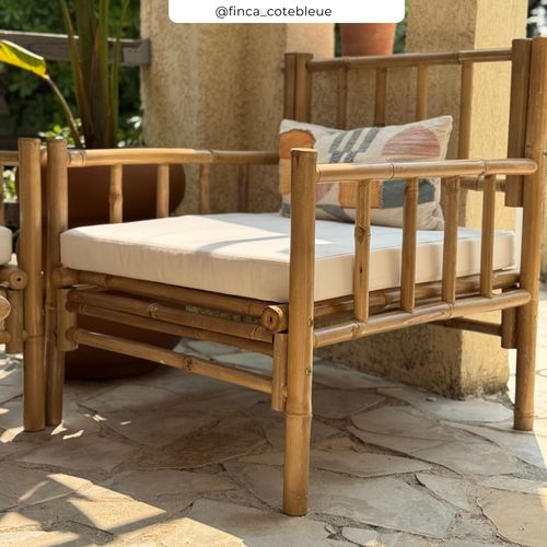Salon De Jardin Blanc En Bambou Avec Canapé, Fauteuil Et Table Basse - Vadella