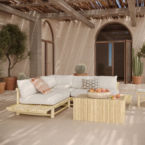 Salon De Jardin Blanc 4 Personnes En Bois De Teck, Canapé, Table Basse - Sunny