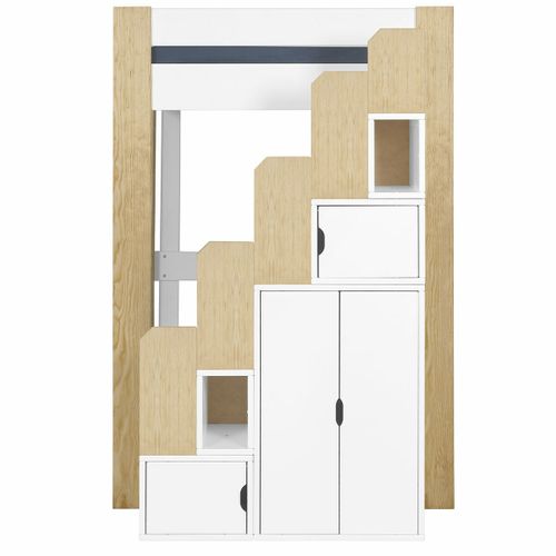 Pack Lit Mezzanine Avec Escalier Et Matelas 90x190 Cm Lex Blanc Et Bois