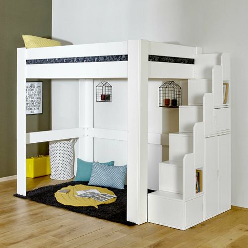Pack Lit Mezzanine Avec Escalier Et Matelas 90x190 Cm Lex Blanc Et Bois