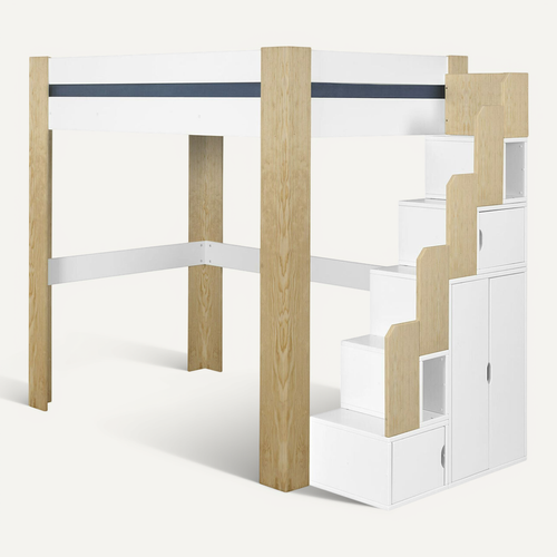 Pack Lit Mezzanine Avec Escalier Et Matelas 90x190 Cm Lex Blanc Et Bois