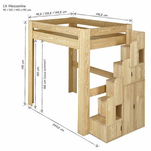 Pack Lit Mezzanine Avec Escalier Et Matelas 90x190 Cm Lex Blanc Et Bois