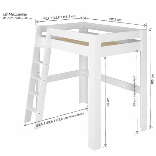 Pack Lit Mezzanine 2 Places Avec Bureau Et Matelas 140x190 Cm Lee Blanc