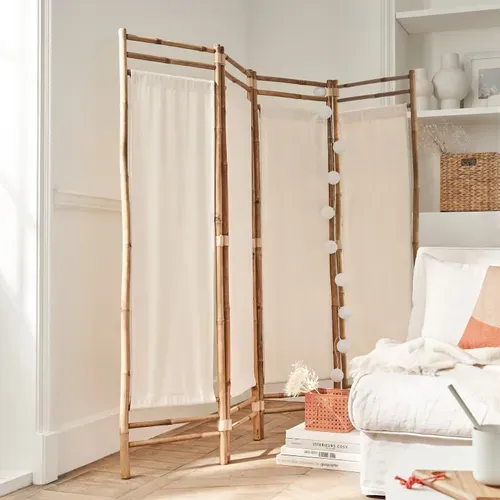 Paravent D'intérieur 4 Panneaux En Tissu Blanc Et Bambou 160 X 160 Cm
