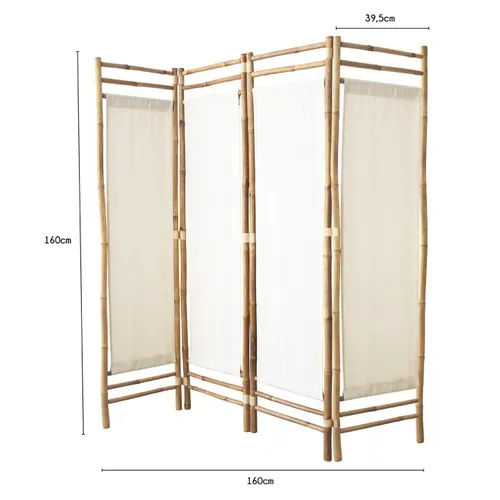 Paravent D'intérieur 4 Panneaux En Tissu Blanc Et Bambou 160 X 160 Cm