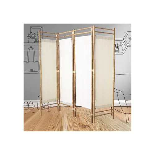 Paravent D'intérieur 4 Panneaux En Tissu Blanc Et Bambou 160 X 160 Cm