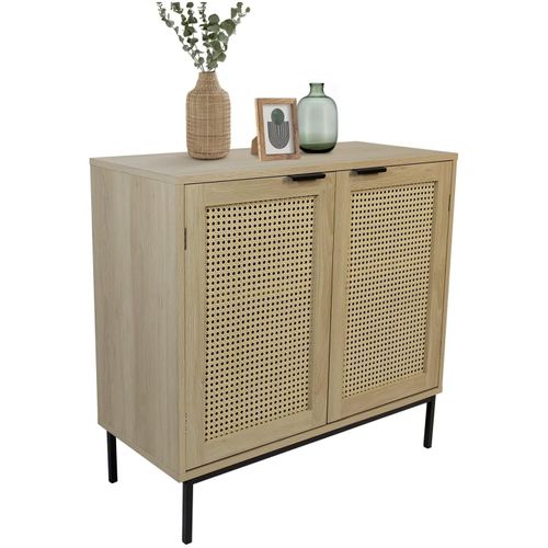 Buffet Avec 2 Portes Cannage En Bois Naturel 80 X 35 X 75,5 Cm