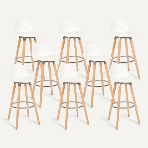 Lot 8 Tabourets De Bar Blanc Pieds Bois De Hêtre 39,5 X 44 X 91 Cm