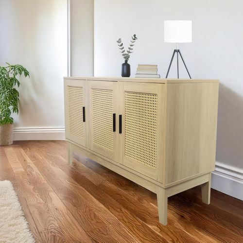 Buffet Avec 3 Portes Cannage Bois Naturel 120 X 40 X 71 Cm