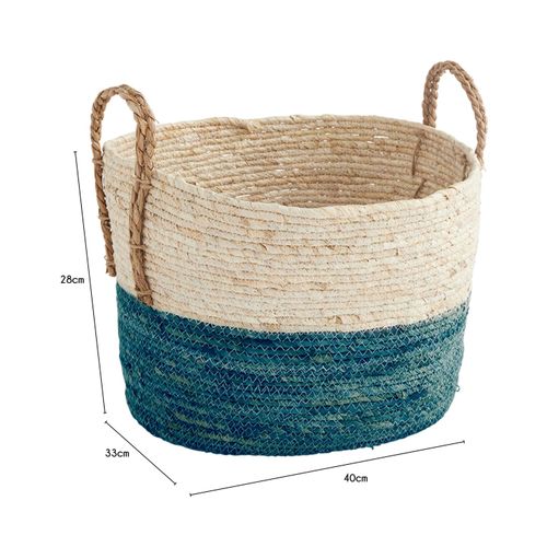 Panier De Rangement Paille Tressée Naturel Et Bleu 42 X 32 X 24 Cm