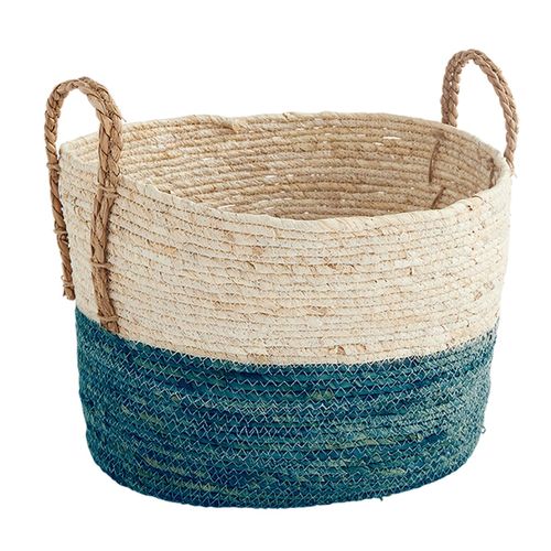 Panier De Rangement Paille Tressée Naturel Et Bleu 42 X 32 X 24 Cm