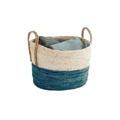 Panier De Rangement Paille Tressée Naturel Et Bleu 42 X 32 X 24 Cm
