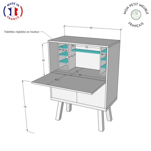 Bureau Secrétaire Avec Rangement De 90 Cm De Large, En Frêne