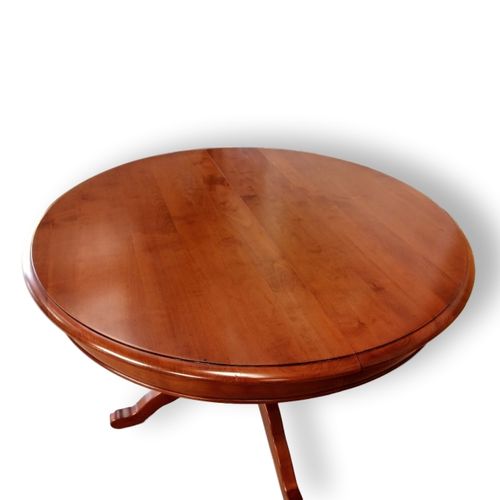 Table Ronde Pied Central 113 Cm, 2 Rallonges, Merisier Massif