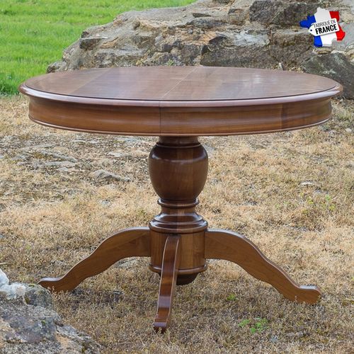 Table Ronde Pied Central 113 Cm, 2 Rallonges, Merisier Massif