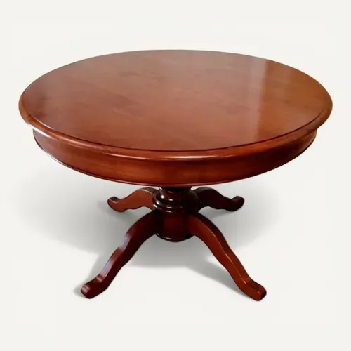 Table Ronde Pied Central 113 Cm, 2 Rallonges, Merisier Massif