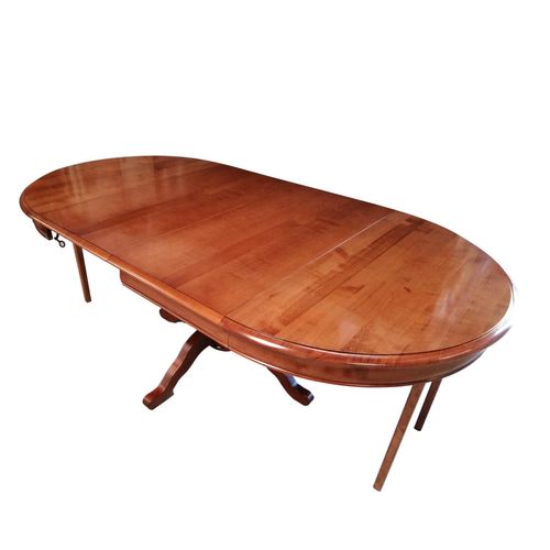 Table Ronde Pied Central 113 Cm, 2 Rallonges, Merisier Massif