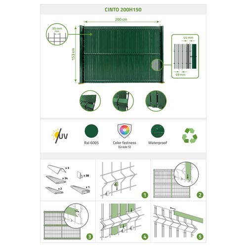 Kit Lamelles Occultantes Pvc 2m Cinto H.150cm Vert - Avec Clips Et Profil De Finition