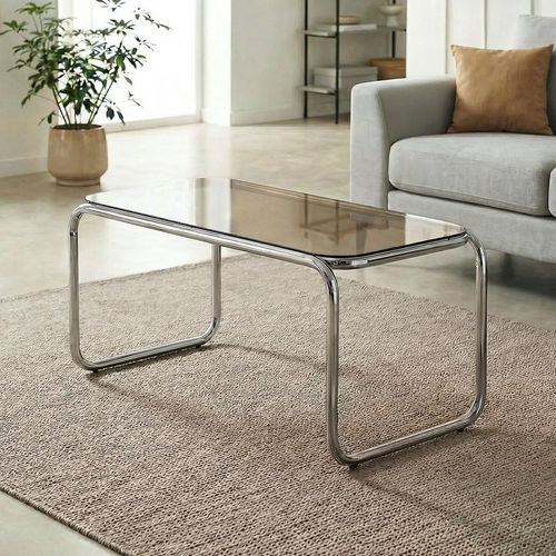Table Basse Rétro 90cm Verre Trempé Marron Et Structure Chromée Amaya