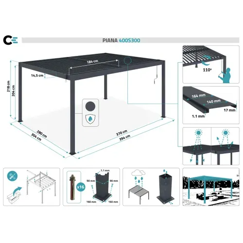 Pergola Bioclimatique Autoportée 4x3m Aluminium Thermolaqué Gris Anthracite Lames Orientables Piana