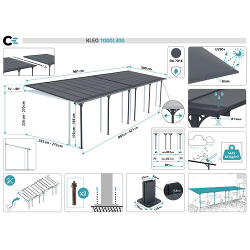 Pergola/carport Adossé 30m² Kleo 1000l300 Aluminium Gris