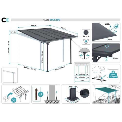 Pergola/carport Adossé Kleo 300l300 Aluminium Gris