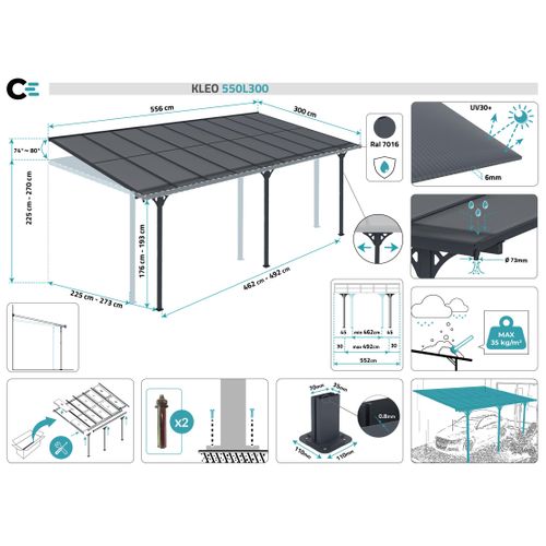 Pergola/carport Adossé Kleo 5.5x3m Aluminium Gris
