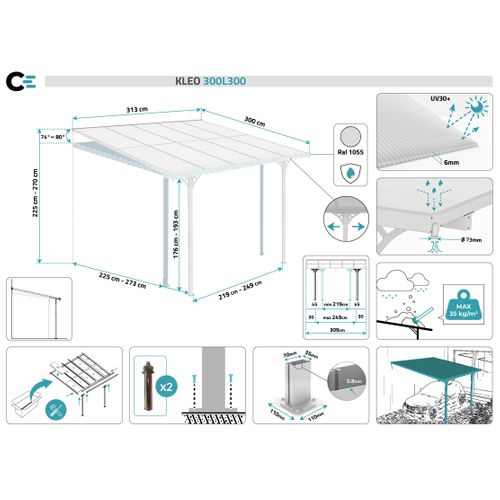 Pergola/carport Adossé Kleo 300l300 Aluminium Blanc