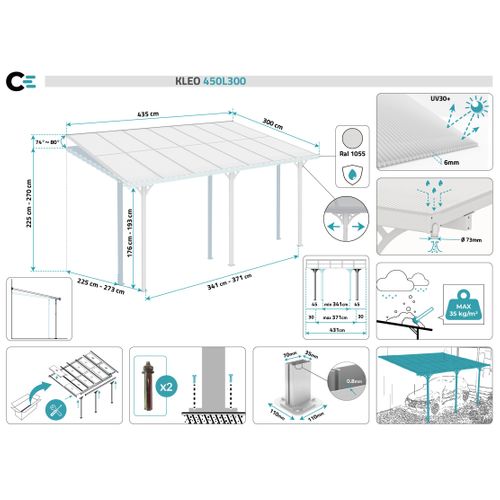Pergola/carport Adossé Kleo 450l300 Aluminium Blanc