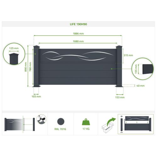 Lot De 5 Clôtures Aluminium Life 190h90 Gris