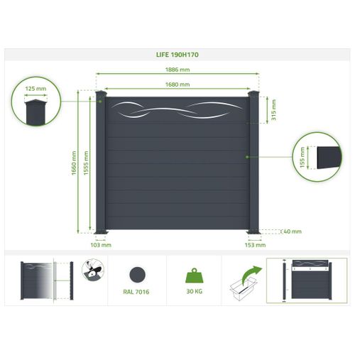 Lot De 5 Clôtures Aluminium Life 190h170 Gris