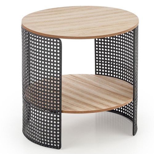 Table Basse Ronde Avec Structure Ajourée Et Métal Noir Et Plateau Aspect Bois Leana