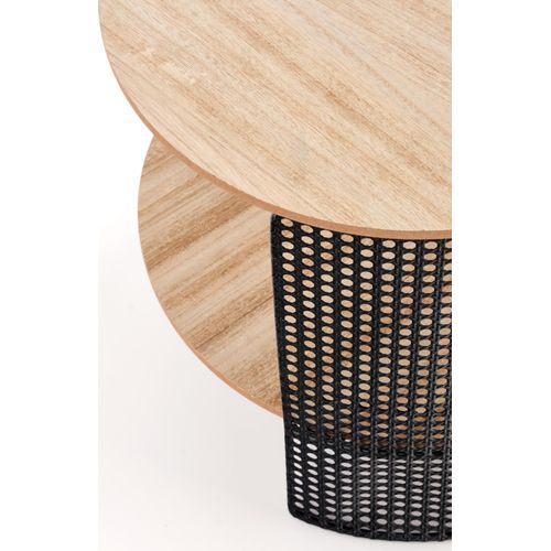 Table Basse Ronde Avec Structure Ajourée Et Métal Noir Et Plateau Aspect Bois Leana