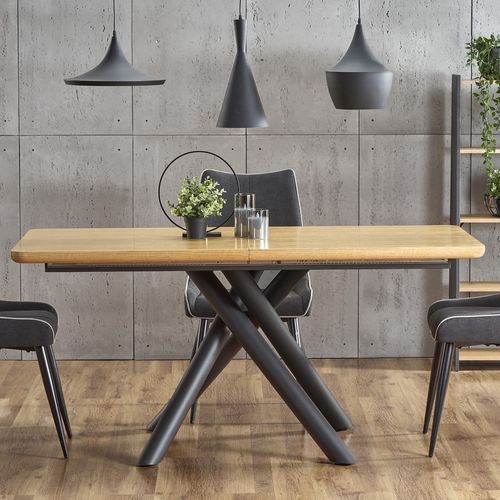 Table De Salle à Manger Avec Pied Central Design En Acier Noir Et Plateau Aspect Chêne Montevideo