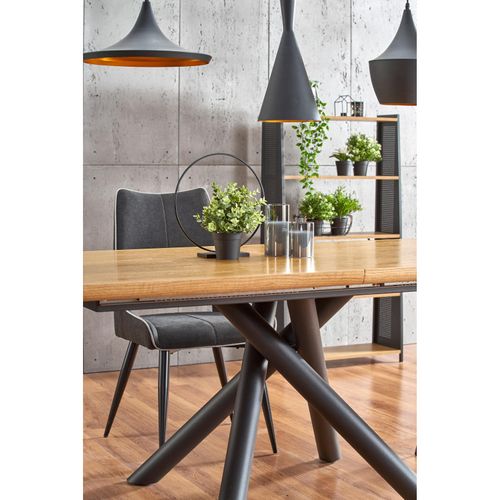 Table De Salle à Manger Avec Pied Central Design En Acier Noir Et Plateau Aspect Chêne Montevideo